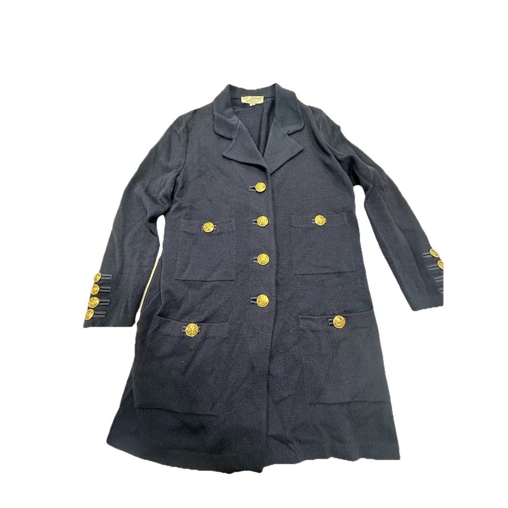 ST JOHN Collection Marie Gray Navy Gold Button Santana Knit Blazer Jacket 10